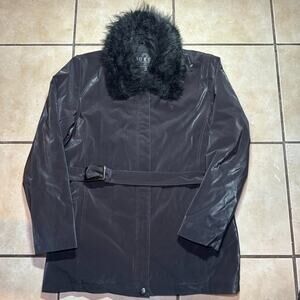 Y2K Guess Outerwear Women’s M Black Belted Faux Fur Winter Coat Nylon Shell READ